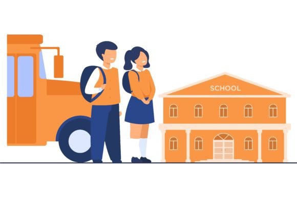 Happy Children Waiting School Bus: A Cartoon Vision of Safe Education