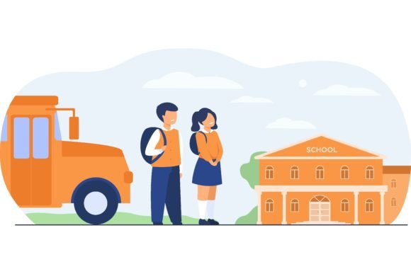 Happy Children Waiting School Bus Isolated Vector