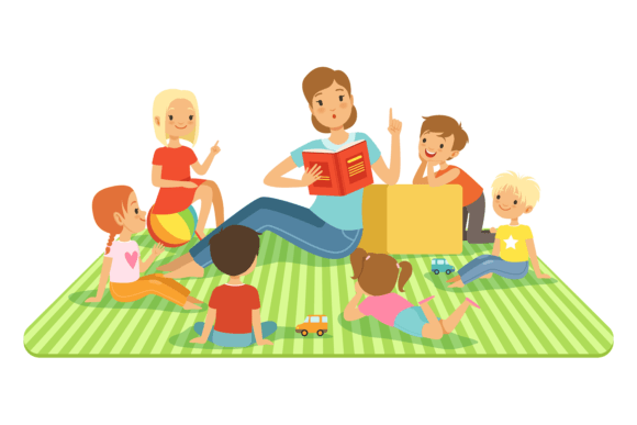 Kindergarten Woman Read Book to Children: A Visual Anchor for Early Education