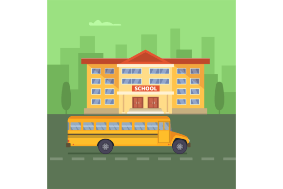 School Illustration: Kids Education Building & Bus